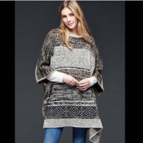 Gap Poncho Wool Blend One Size Oversized Natural Knit Sweater Cozy Shawl OS - Picture 11 of 12